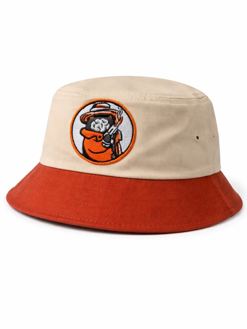DoraHacks Two-Tone Bucket Hat Beige & Rust – Embroidered Graphic Logo